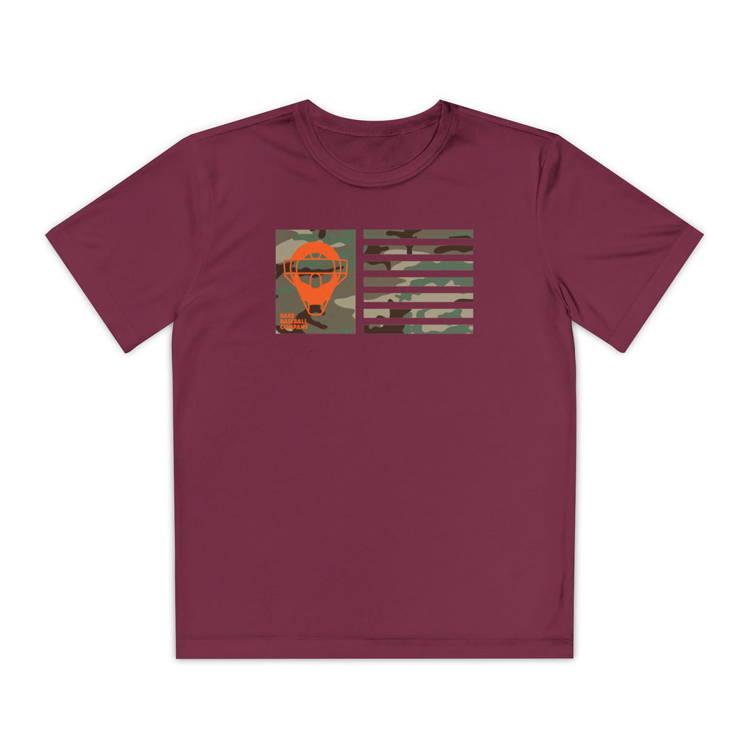 Kids Catcher's Orange Camo Mask Flag Dry Fit Tee - Rake Baseball Company - RAKE BASEBALL | BASEBALL T-SHIRT | BASEBALL CLOTHING | GOOD VIBES ONLY