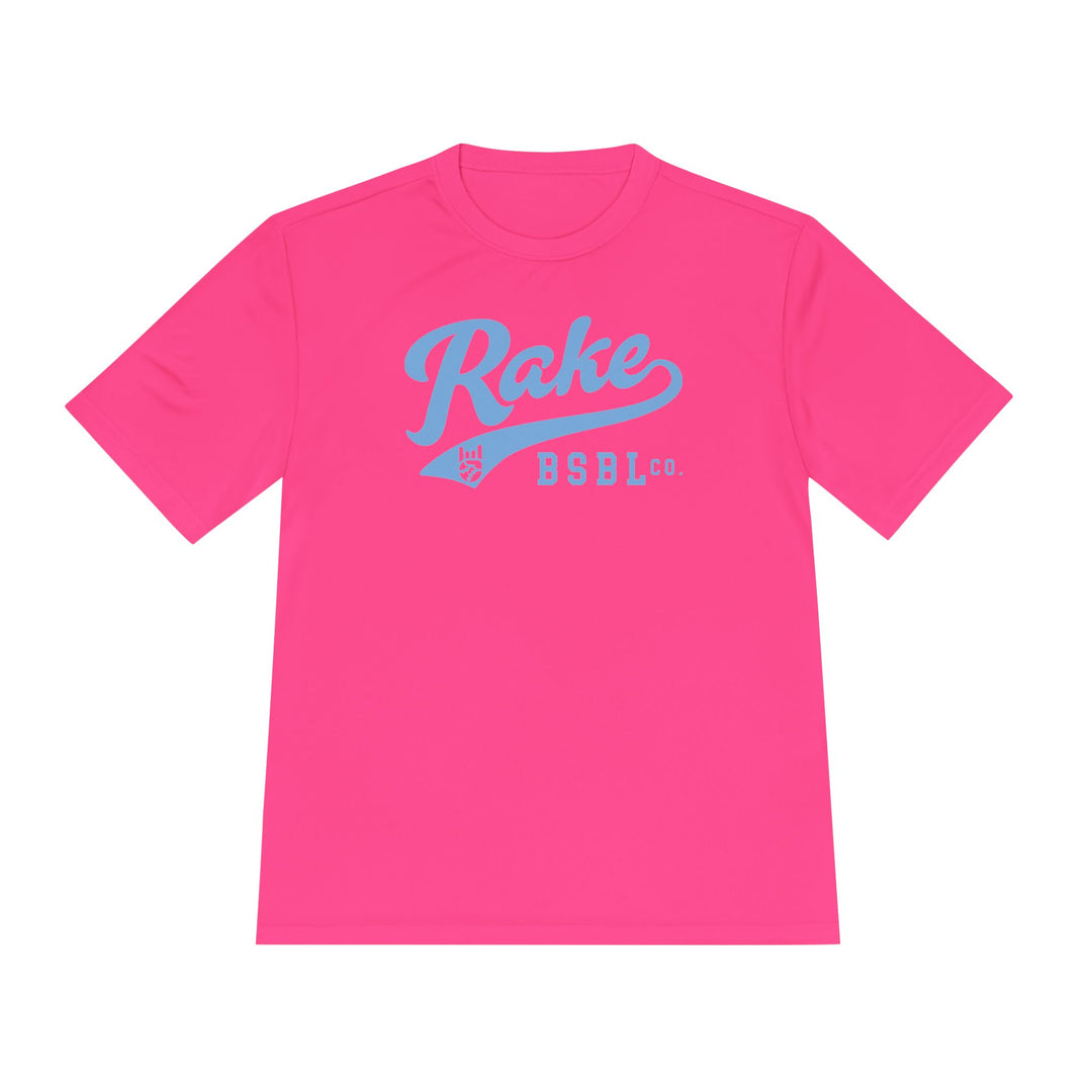 Rake Light Blue Script Dry Fit Tee - Rake Baseball Company - RAKE BASEBALL | BASEBALL T-SHIRT | BASEBALL CLOTHING | GOOD VIBES ONLY