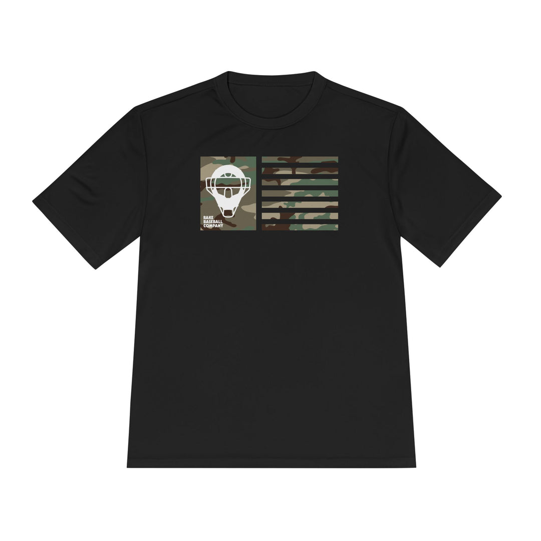 Camo Catcher's Mask Flag Dry Fit Tee - Rake Baseball Company - RAKE BASEBALL | BASEBALL T-SHIRT | BASEBALL CLOTHING | GOOD VIBES ONLY