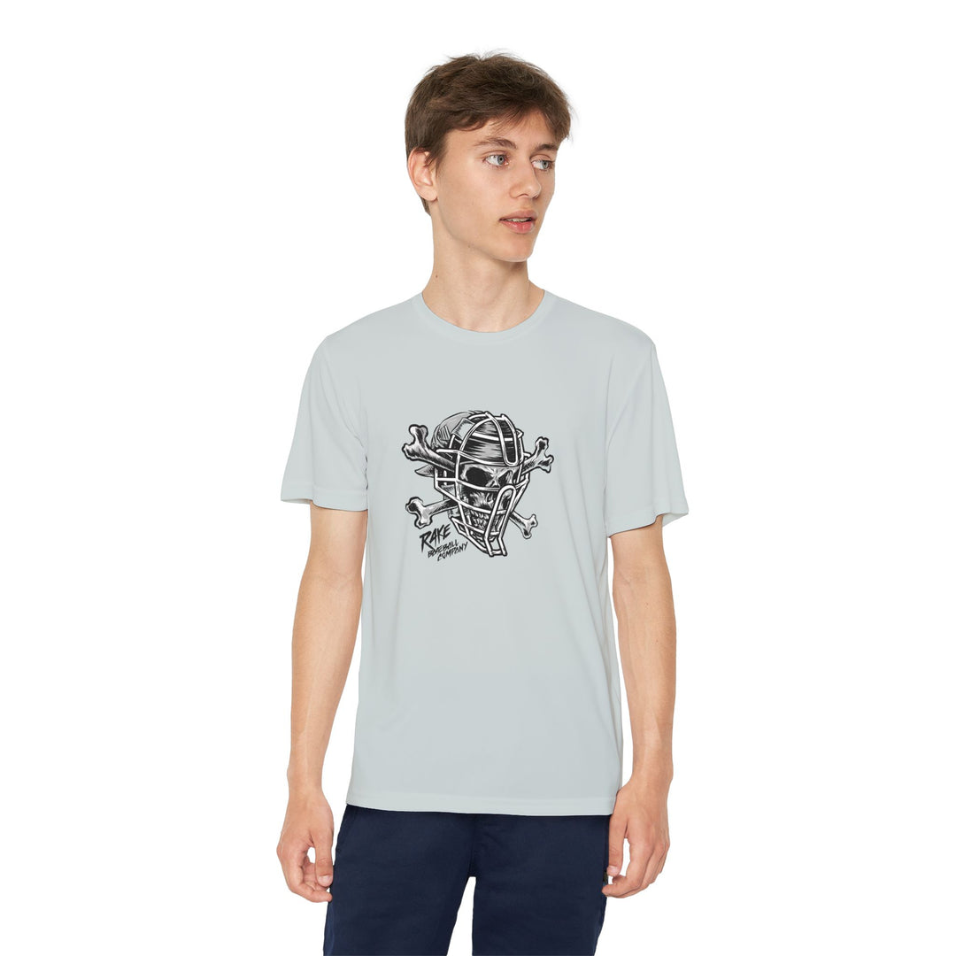 Kids Catcher's Skull Dry Fit Tee - Rake Baseball Company - RAKE BASEBALL | BASEBALL T-SHIRT | BASEBALL CLOTHING | GOOD VIBES ONLY