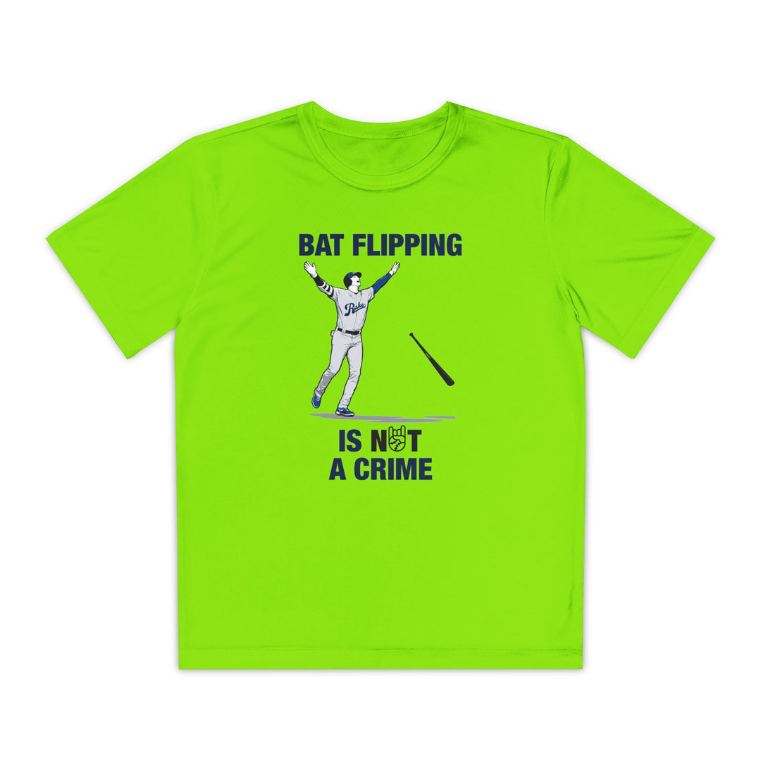 Kids Bat Flipping Is Not A Crime Dry Fit Tee - Rake Baseball Company - RAKE BASEBALL | BASEBALL T-SHIRT | BASEBALL CLOTHING | GOOD VIBES ONLY