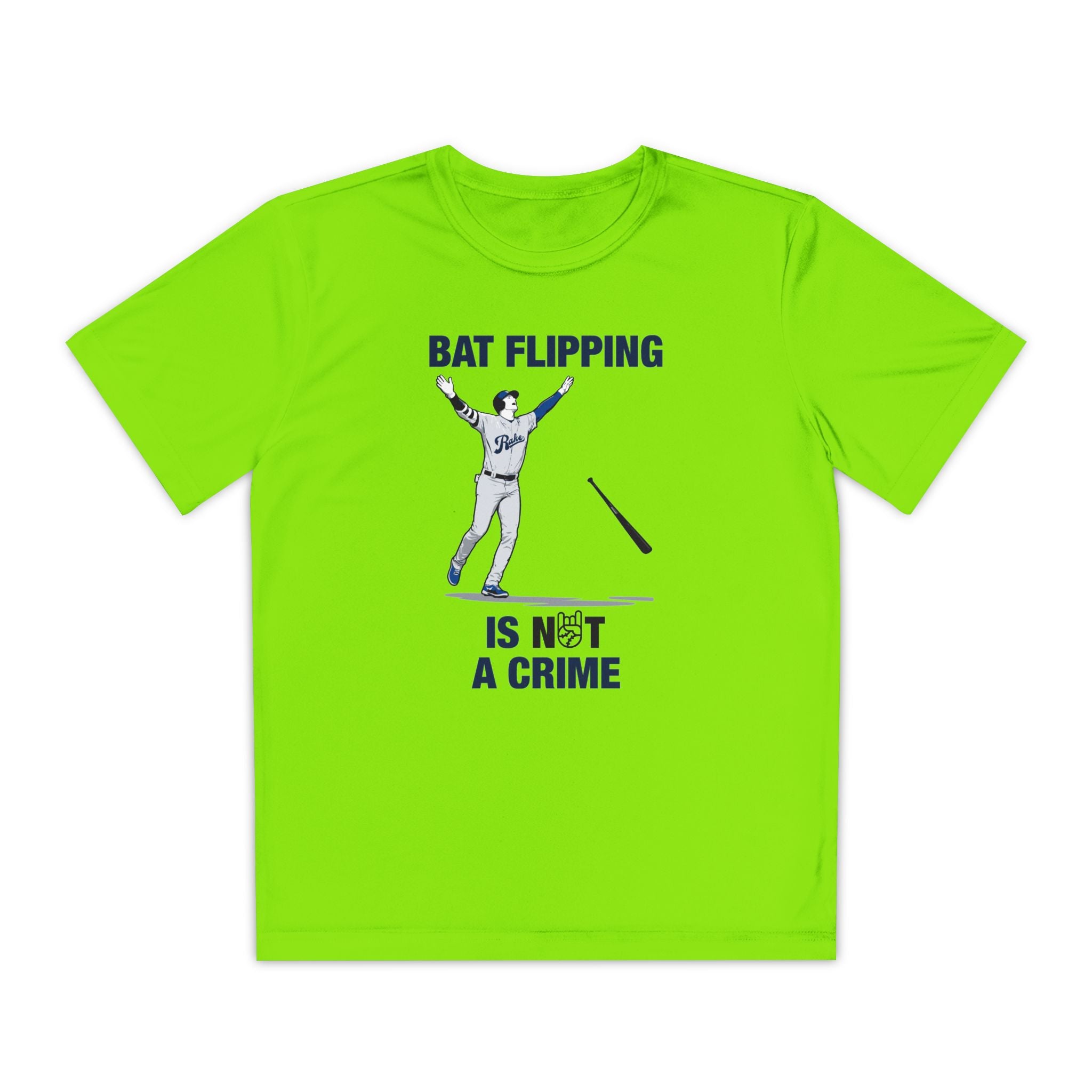 Kids Bat Flipping Is Not A Crime Dry Fit Tee - Rake Baseball Company - RAKE BASEBALL | BASEBALL T-SHIRT | BASEBALL CLOTHING | GOOD VIBES ONLY