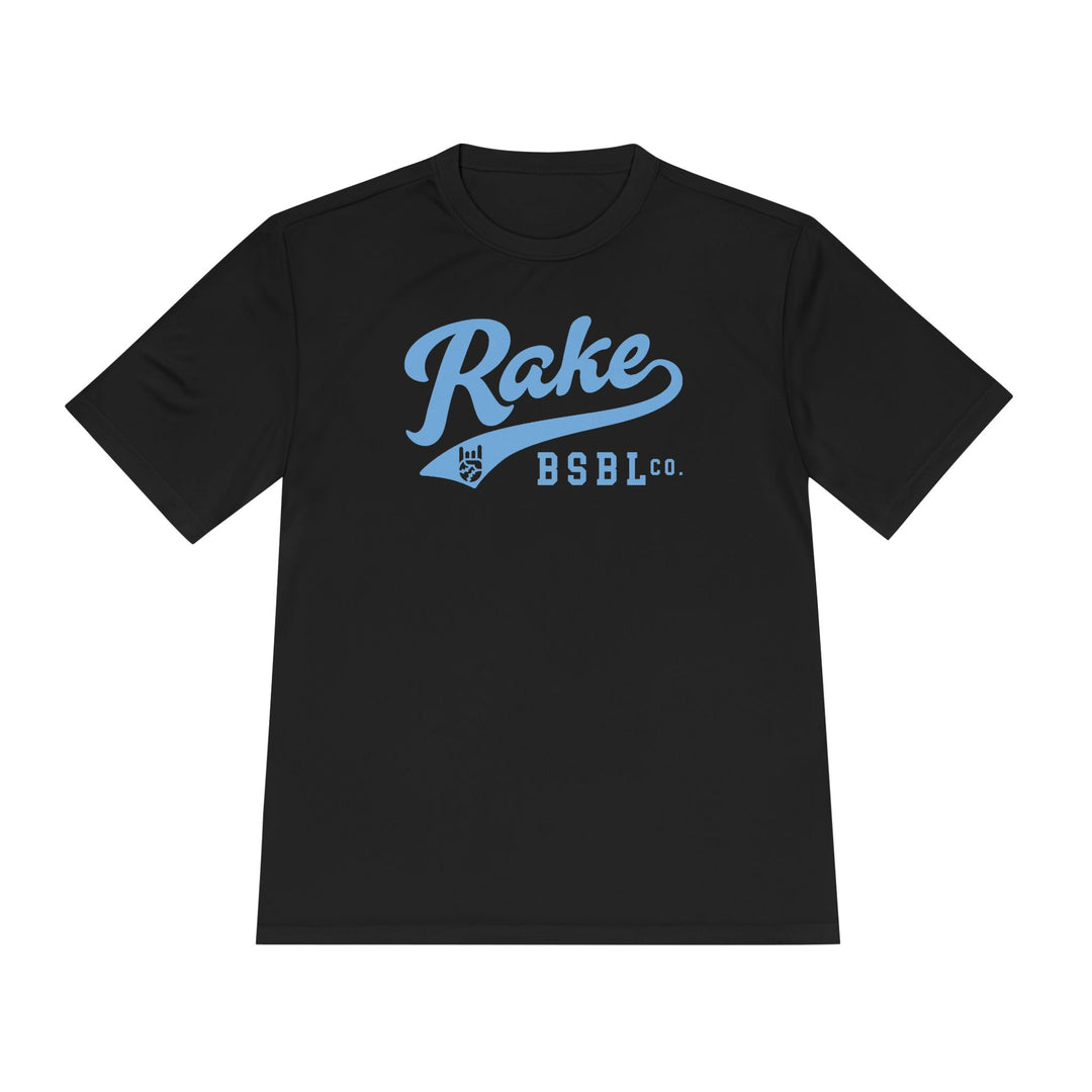 Rake Light Blue Script Dry Fit Tee - Rake Baseball Company - RAKE BASEBALL | BASEBALL T-SHIRT | BASEBALL CLOTHING | GOOD VIBES ONLY