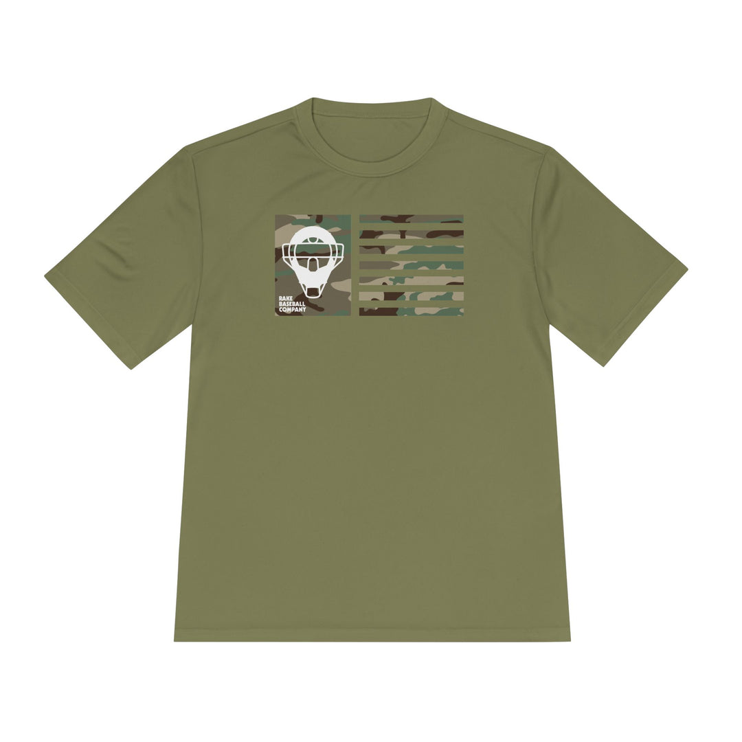 Camo Catcher's Mask Flag Dry Fit Tee - Rake Baseball Company - RAKE BASEBALL | BASEBALL T-SHIRT | BASEBALL CLOTHING | GOOD VIBES ONLY