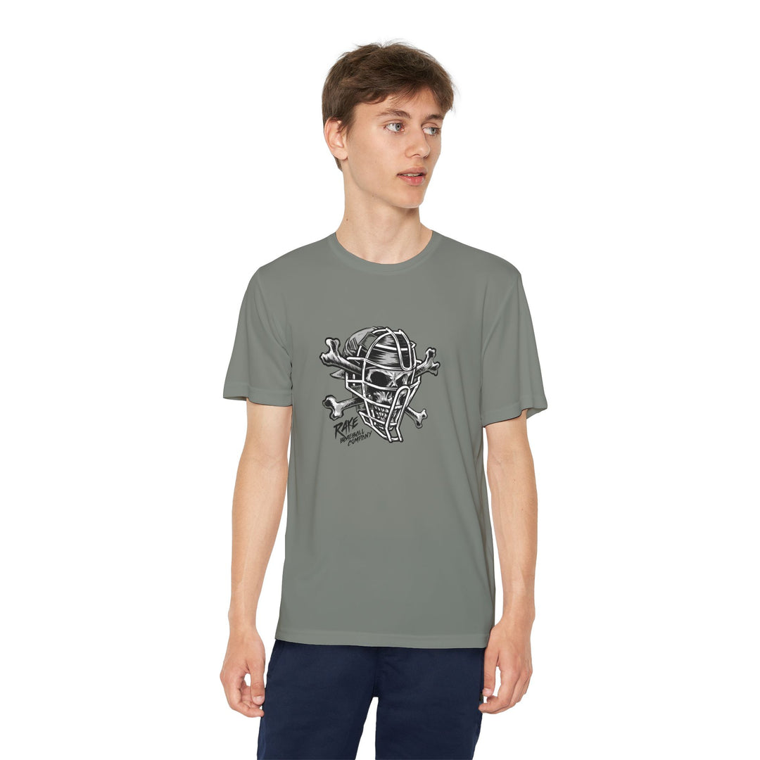 Kids Catcher's Skull Dry Fit Tee - Rake Baseball Company - RAKE BASEBALL | BASEBALL T-SHIRT | BASEBALL CLOTHING | GOOD VIBES ONLY