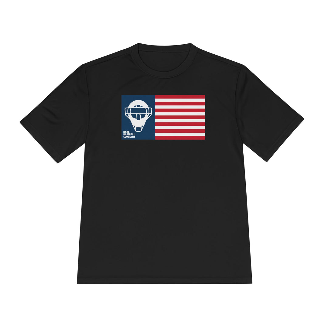 Catcher's Mask Flag Dry Fit Tee - Rake Baseball Company - RAKE BASEBALL | BASEBALL T-SHIRT | BASEBALL CLOTHING | GOOD VIBES ONLY