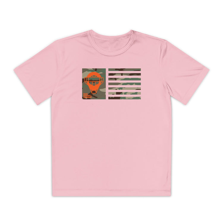 Kids Catcher's Orange Camo Mask Flag Dry Fit Tee - Rake Baseball Company - RAKE BASEBALL | BASEBALL T-SHIRT | BASEBALL CLOTHING | GOOD VIBES ONLY