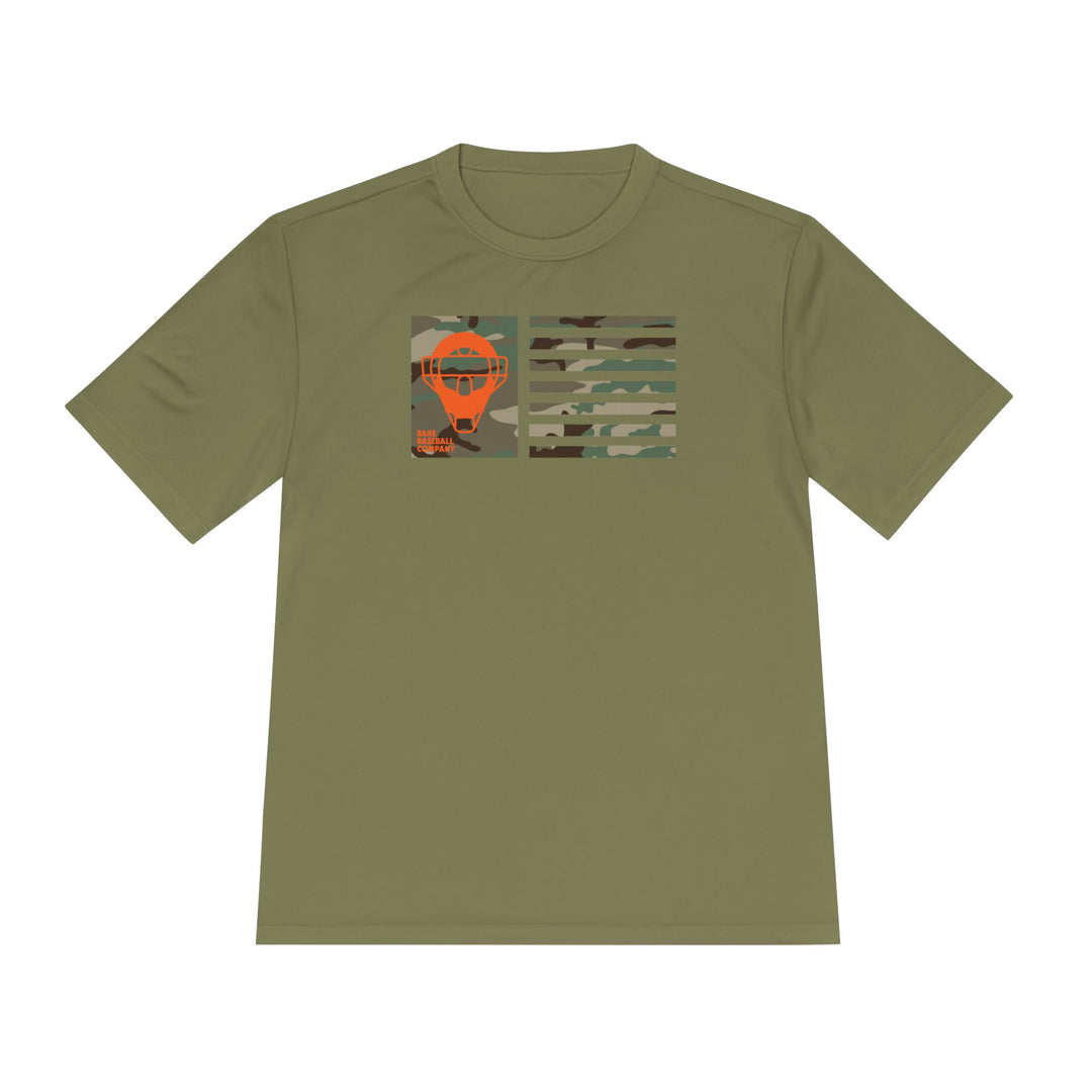 Orange Camo Catcher's Mask Flag Dry Fit Tee - Rake Baseball Company - RAKE BASEBALL | BASEBALL T-SHIRT | BASEBALL CLOTHING | GOOD VIBES ONLY