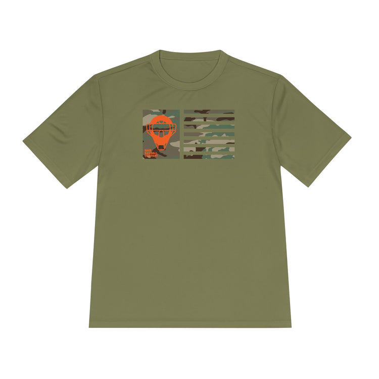 Orange Camo Catcher's Mask Flag Dry Fit Tee - Rake Baseball Company - RAKE BASEBALL | BASEBALL T-SHIRT | BASEBALL CLOTHING | GOOD VIBES ONLY