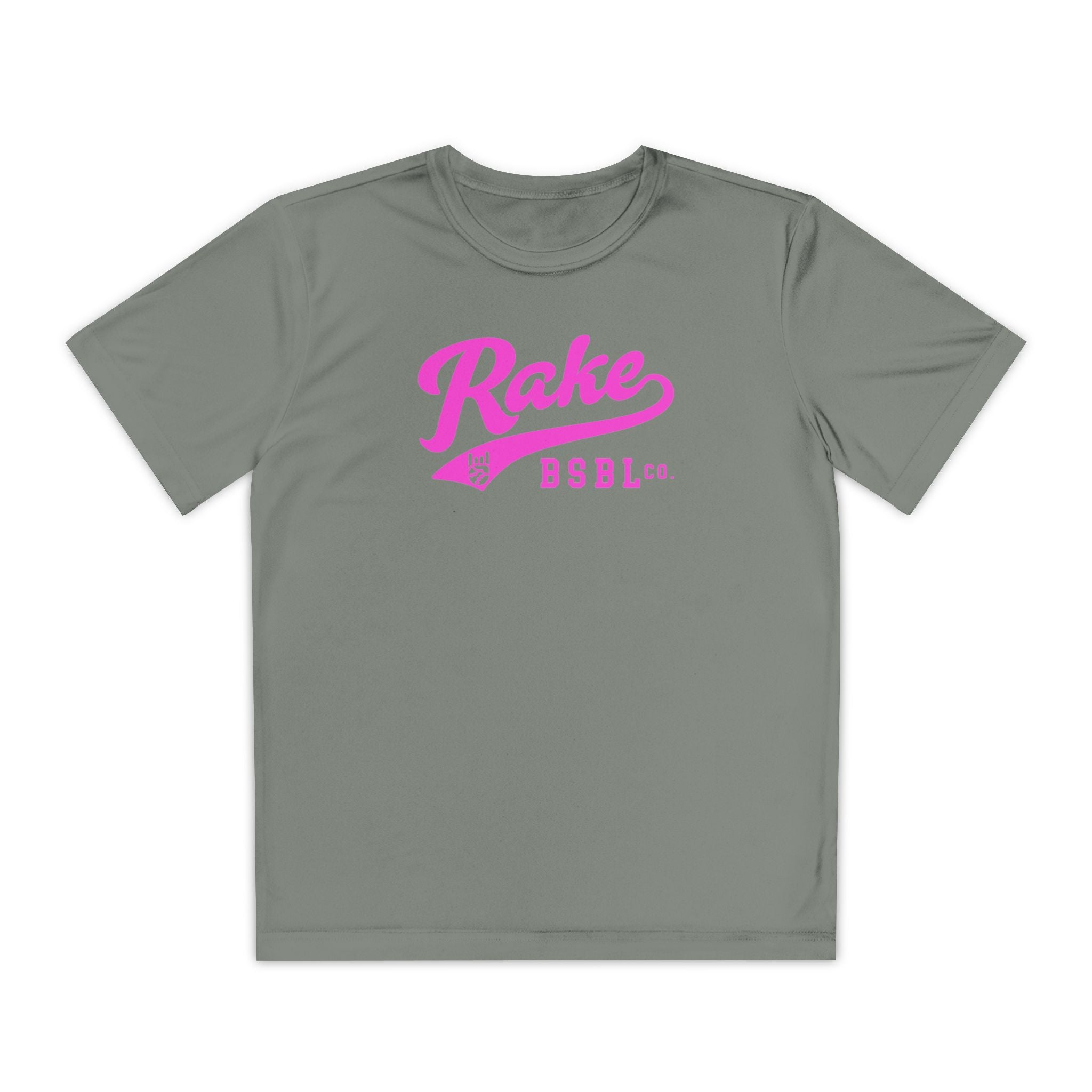 Kids Rake Pink Script Dry Fit Tee - Rake Baseball Company - RAKE BASEBALL | BASEBALL T-SHIRT | BASEBALL CLOTHING | GOOD VIBES ONLY
