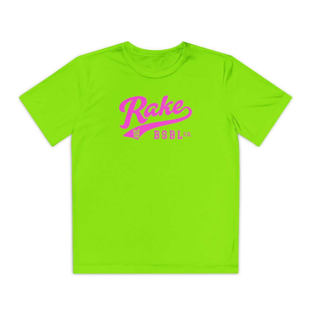 Kids Rake Pink Script Dry Fit Tee - Rake Baseball Company - RAKE BASEBALL | BASEBALL T-SHIRT | BASEBALL CLOTHING | GOOD VIBES ONLY