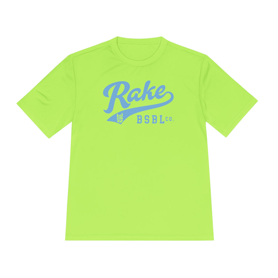 Rake Light Blue Script Dry Fit Tee - Rake Baseball Company - RAKE BASEBALL | BASEBALL T-SHIRT | BASEBALL CLOTHING | GOOD VIBES ONLY