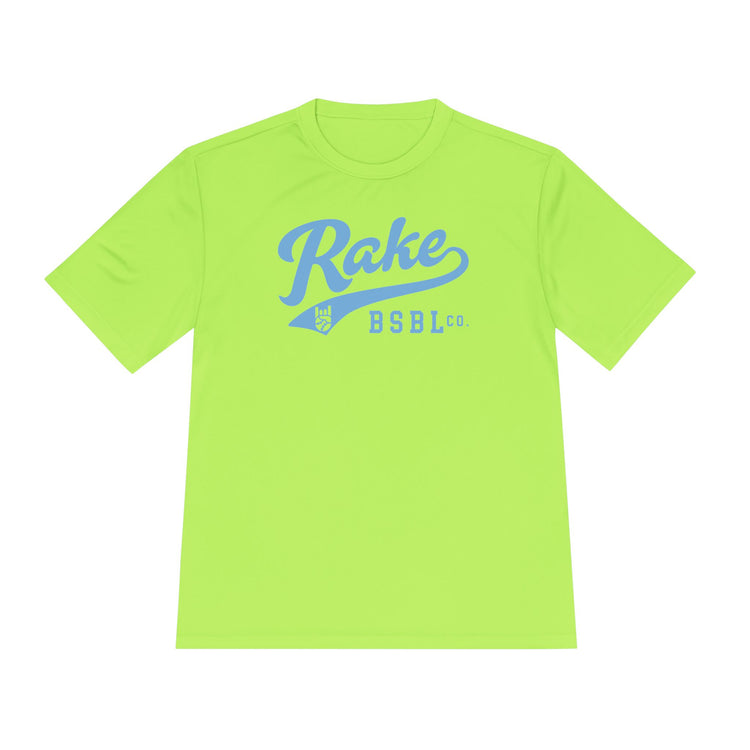 Rake Light Blue Script Dry Fit Tee - Rake Baseball Company - RAKE BASEBALL | BASEBALL T-SHIRT | BASEBALL CLOTHING | GOOD VIBES ONLY