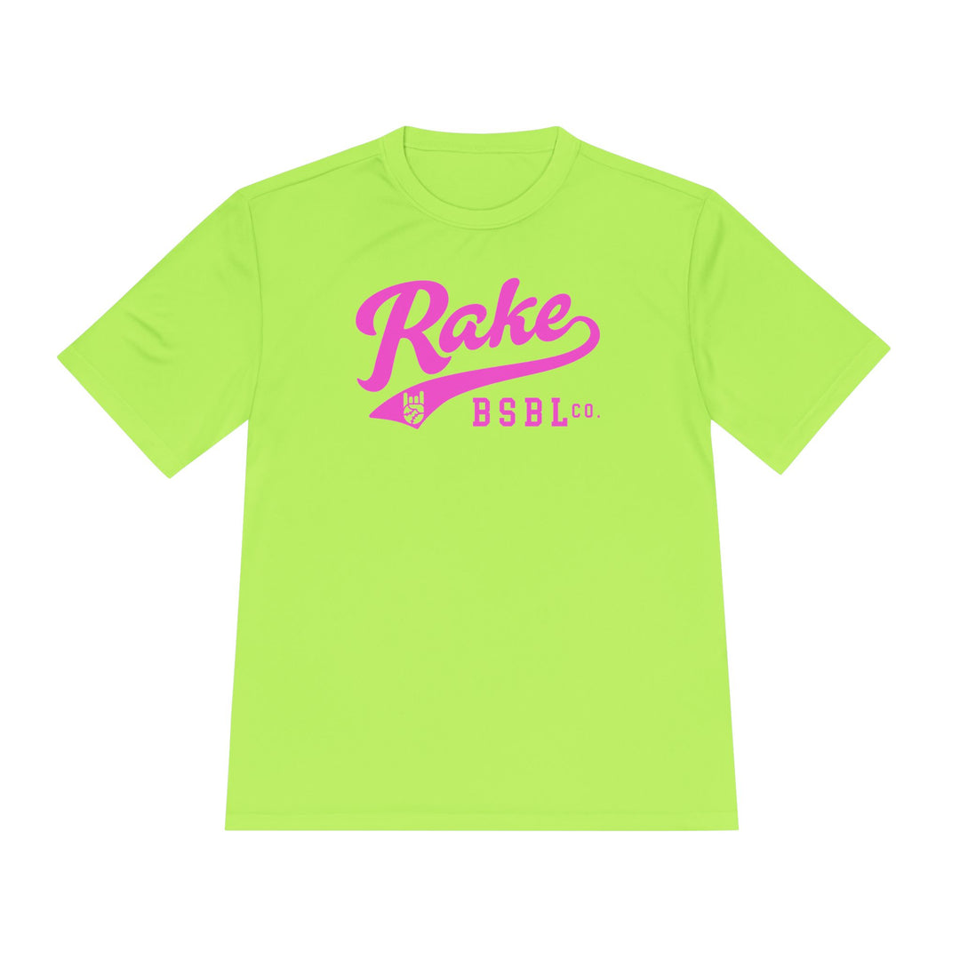 Rake Pink Script Dry Fit Tee - Rake Baseball Company - RAKE BASEBALL | BASEBALL T-SHIRT | BASEBALL CLOTHING | GOOD VIBES ONLY