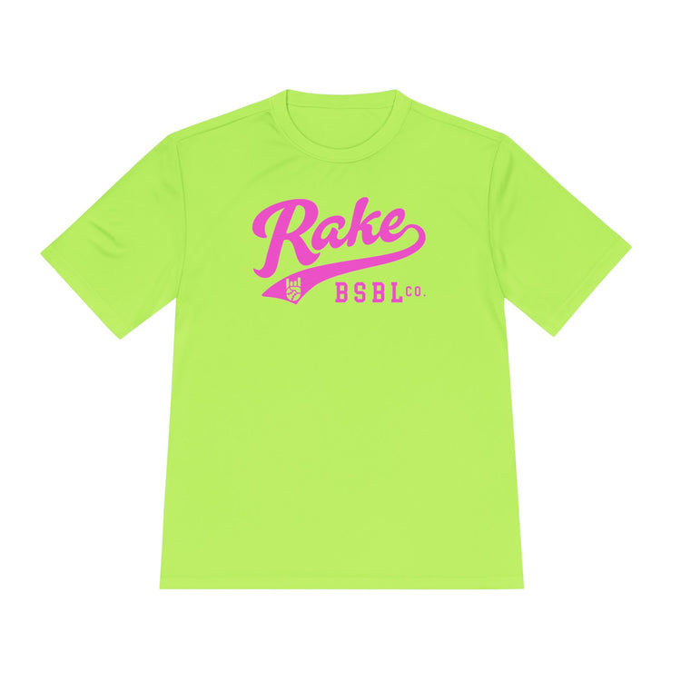 Rake Pink Script Dry Fit Tee - Rake Baseball Company - RAKE BASEBALL | BASEBALL T-SHIRT | BASEBALL CLOTHING | GOOD VIBES ONLY