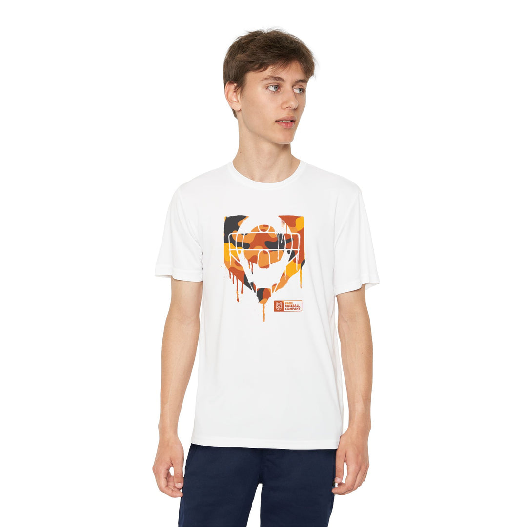 Kids Catcher's Drip Orange Camo Dry Fit Tee - Rake Baseball Company - RAKE BASEBALL | BASEBALL T-SHIRT | BASEBALL CLOTHING | GOOD VIBES ONLY