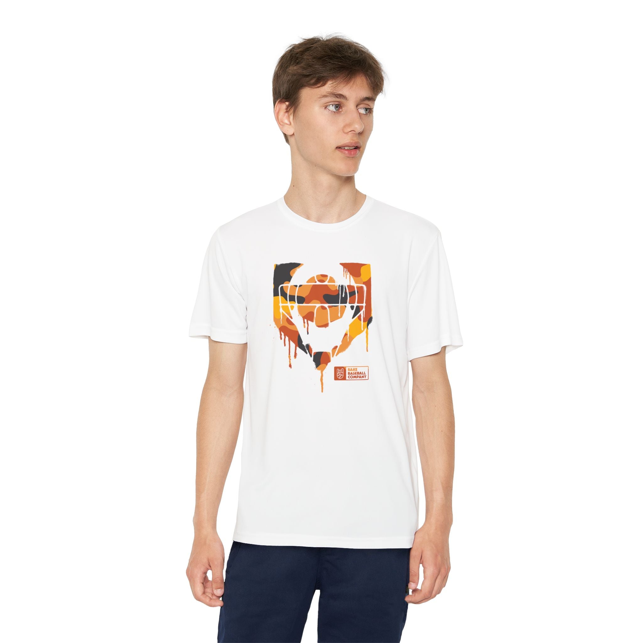 Kids Catcher's Drip Orange Camo Dry Fit Tee - Rake Baseball Company - RAKE BASEBALL | BASEBALL T-SHIRT | BASEBALL CLOTHING | GOOD VIBES ONLY