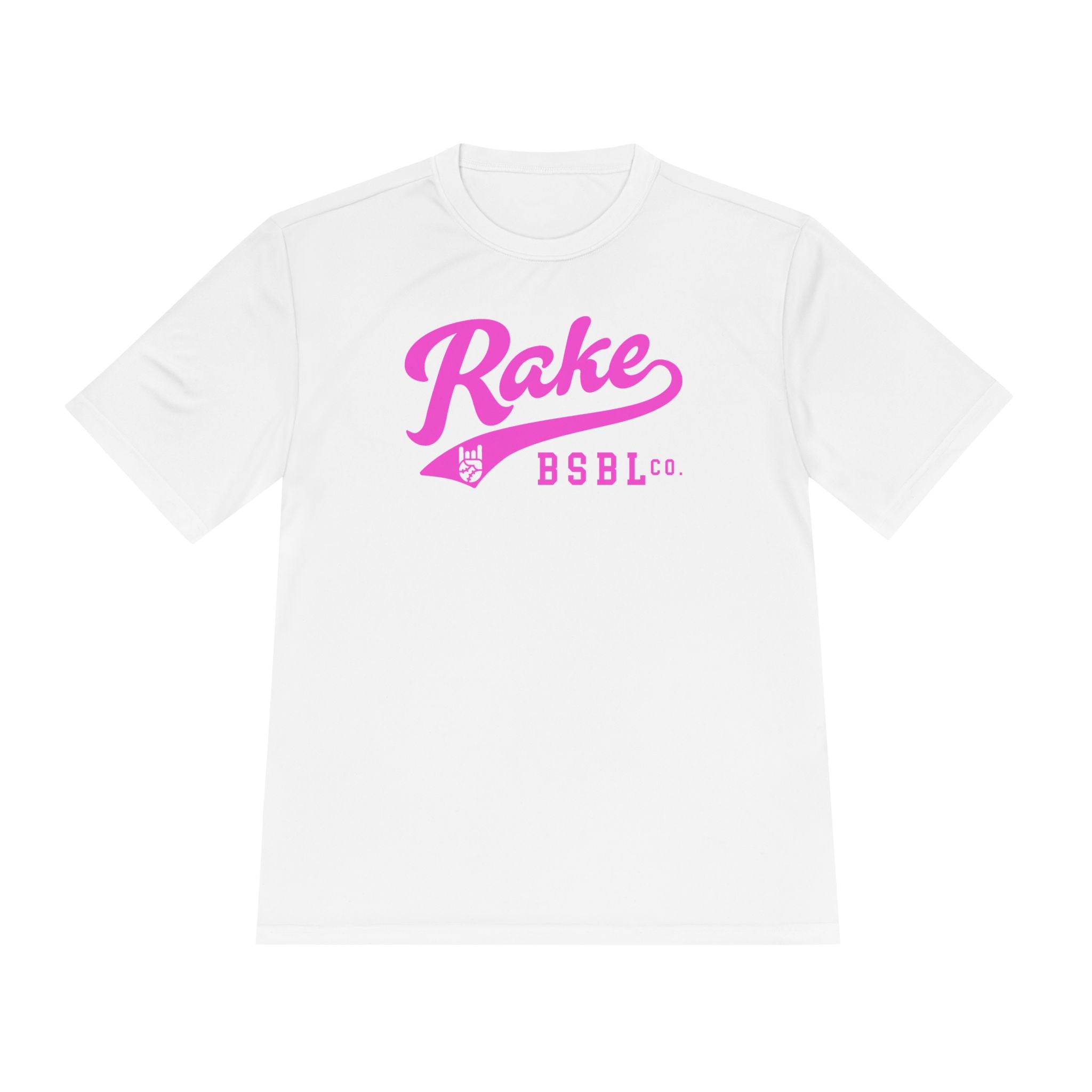 Rake Pink Script Dry Fit Tee - Rake Baseball Company - RAKE BASEBALL | BASEBALL T-SHIRT | BASEBALL CLOTHING | GOOD VIBES ONLY