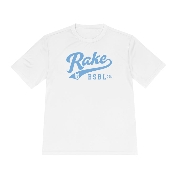 Rake Light Blue Script Dry Fit Tee - Rake Baseball Company - RAKE BASEBALL | BASEBALL T-SHIRT | BASEBALL CLOTHING | GOOD VIBES ONLY