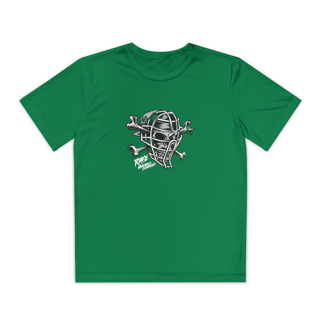 Kids Catcher's Skull Dry Fit Tee - Rake Baseball Company - RAKE BASEBALL | BASEBALL T-SHIRT | BASEBALL CLOTHING | GOOD VIBES ONLY