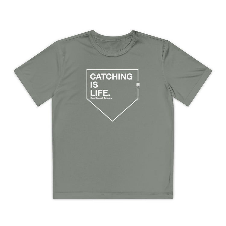 Kids Catching Is Life Dry Fit Tee - Rake Baseball Company - RAKE BASEBALL | BASEBALL T-SHIRT | BASEBALL CLOTHING | GOOD VIBES ONLY