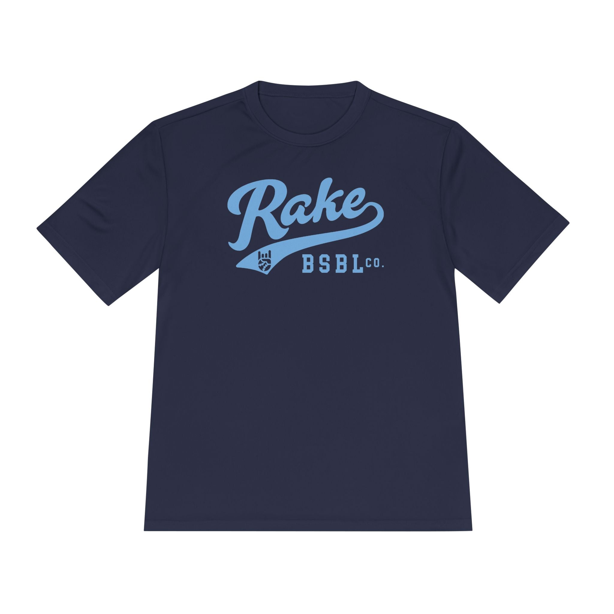 Rake Light Blue Script Dry Fit Tee - Rake Baseball Company - RAKE BASEBALL | BASEBALL T-SHIRT | BASEBALL CLOTHING | GOOD VIBES ONLY