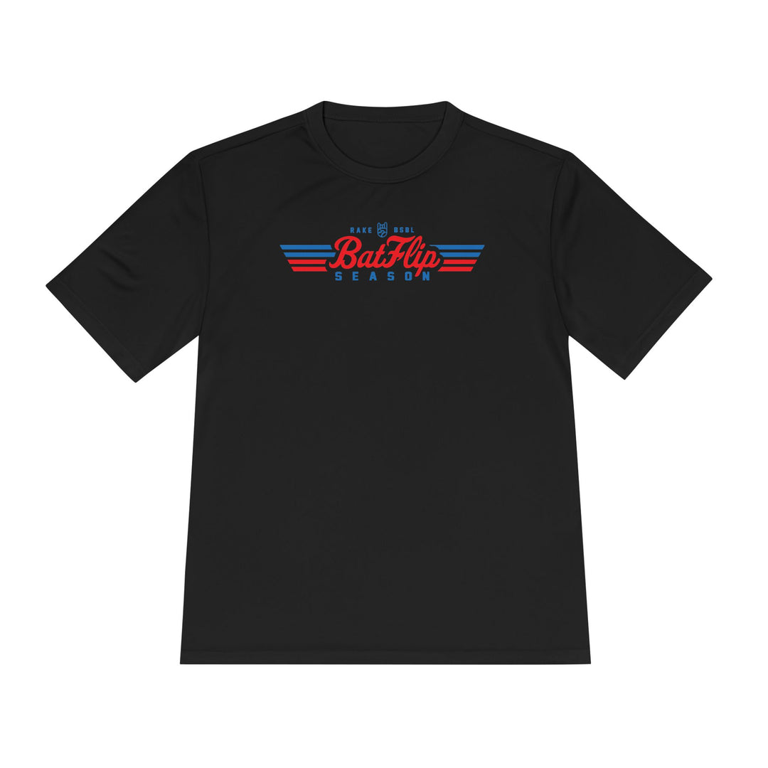 Bat Flip Season Dry Fit Tee - Rake Baseball Company - RAKE BASEBALL | BASEBALL T-SHIRT | BASEBALL CLOTHING | GOOD VIBES ONLY