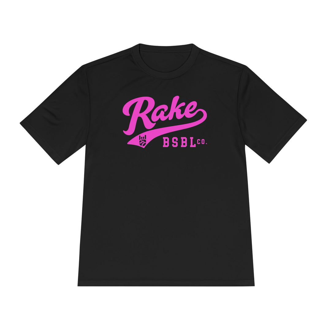 Rake Pink Script Dry Fit Tee - Rake Baseball Company - RAKE BASEBALL | BASEBALL T-SHIRT | BASEBALL CLOTHING | GOOD VIBES ONLY