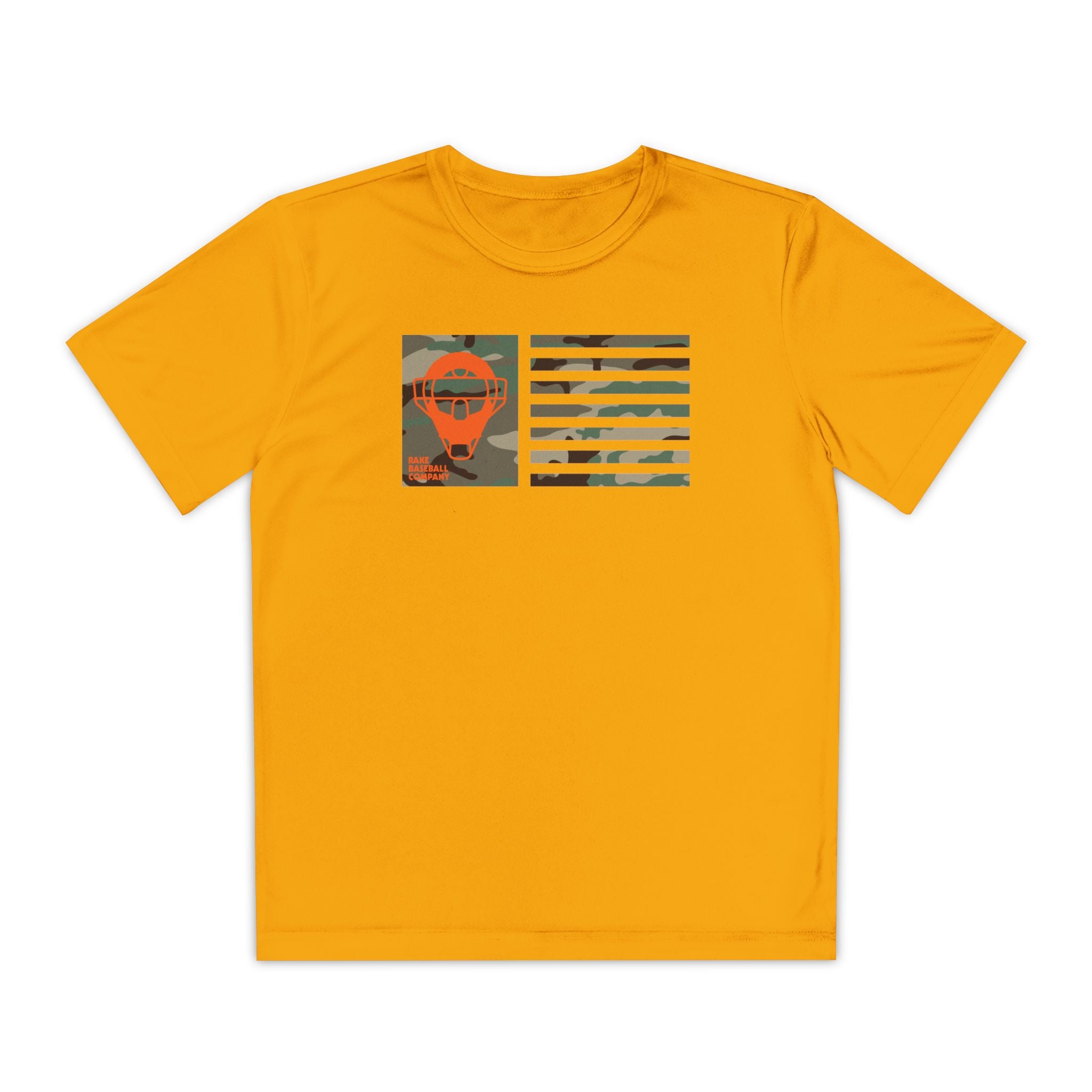 Kids Catcher's Orange Camo Mask Flag Dry Fit Tee - Rake Baseball Company - RAKE BASEBALL | BASEBALL T-SHIRT | BASEBALL CLOTHING | GOOD VIBES ONLY