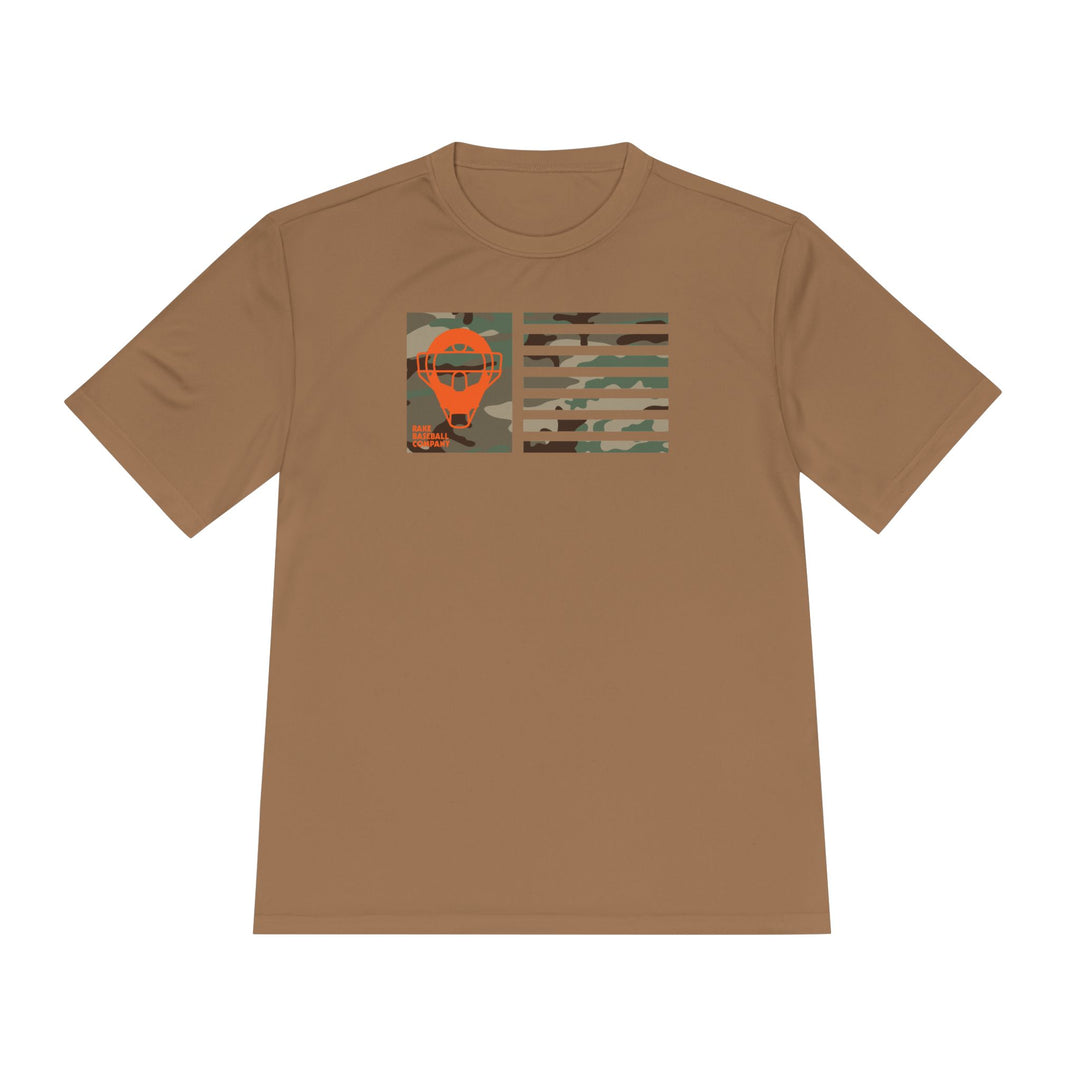 Orange Camo Catcher's Mask Flag Dry Fit Tee - Rake Baseball Company - RAKE BASEBALL | BASEBALL T-SHIRT | BASEBALL CLOTHING | GOOD VIBES ONLY