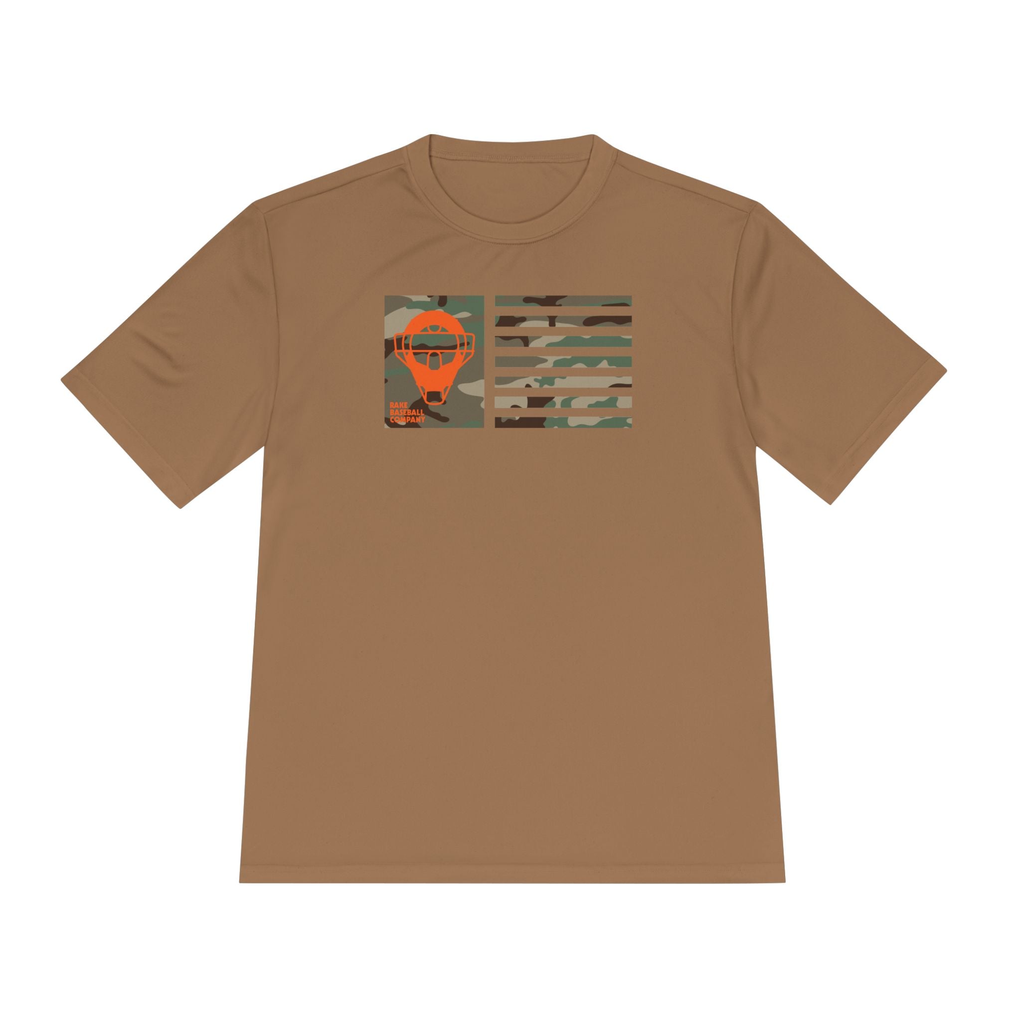 Orange Camo Catcher's Mask Flag Dry Fit Tee - Rake Baseball Company - RAKE BASEBALL | BASEBALL T-SHIRT | BASEBALL CLOTHING | GOOD VIBES ONLY