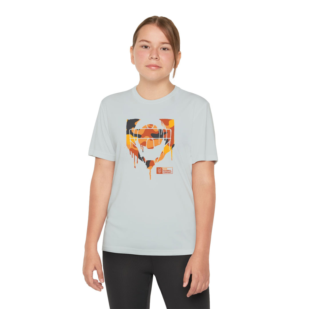 Kids Catcher's Drip Orange Camo Dry Fit Tee - Rake Baseball Company - RAKE BASEBALL | BASEBALL T-SHIRT | BASEBALL CLOTHING | GOOD VIBES ONLY