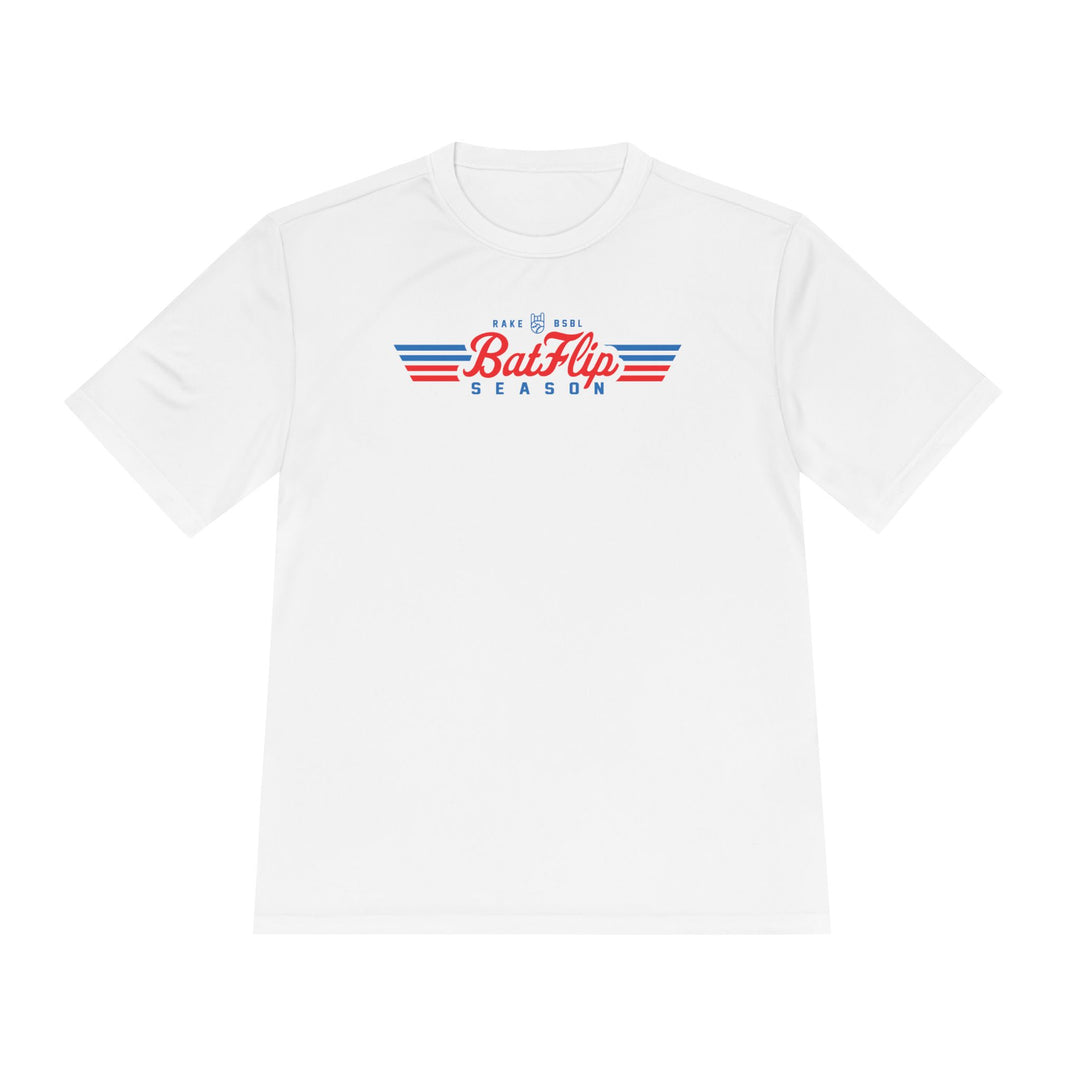 Bat Flip Season Dry Fit Tee - Rake Baseball Company - RAKE BASEBALL | BASEBALL T-SHIRT | BASEBALL CLOTHING | GOOD VIBES ONLY