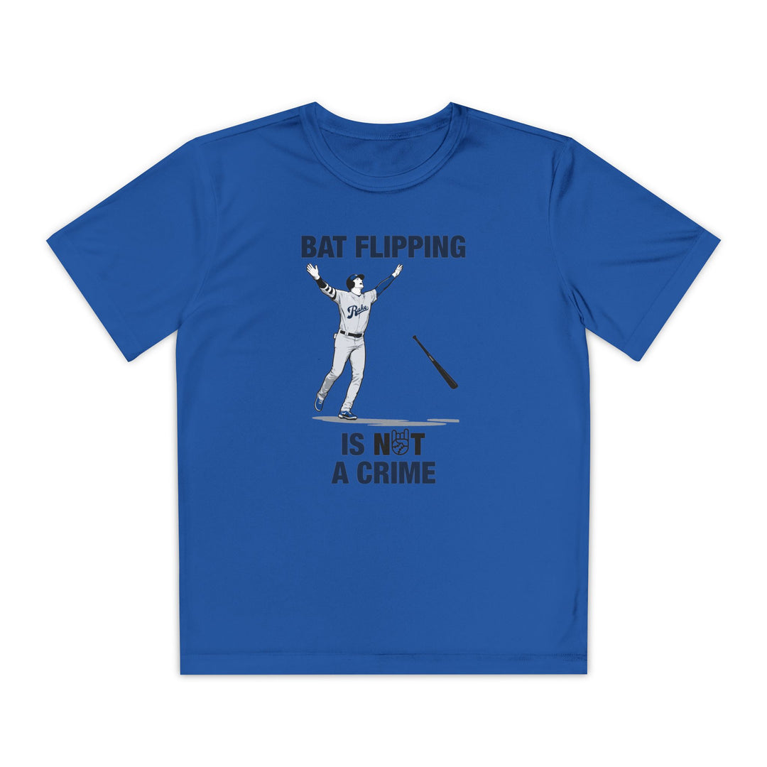 Kids Bat Flipping Is Not A Crime Dry Fit Tee - Rake Baseball Company - RAKE BASEBALL | BASEBALL T-SHIRT | BASEBALL CLOTHING | GOOD VIBES ONLY