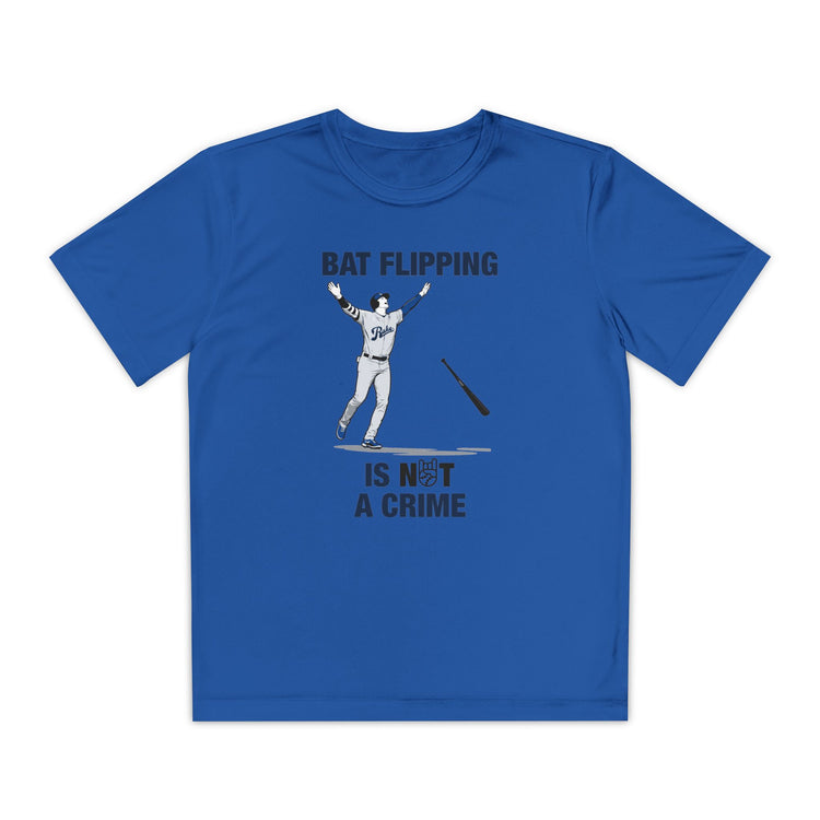 Kids Bat Flipping Is Not A Crime Dry Fit Tee - Rake Baseball Company - RAKE BASEBALL | BASEBALL T-SHIRT | BASEBALL CLOTHING | GOOD VIBES ONLY