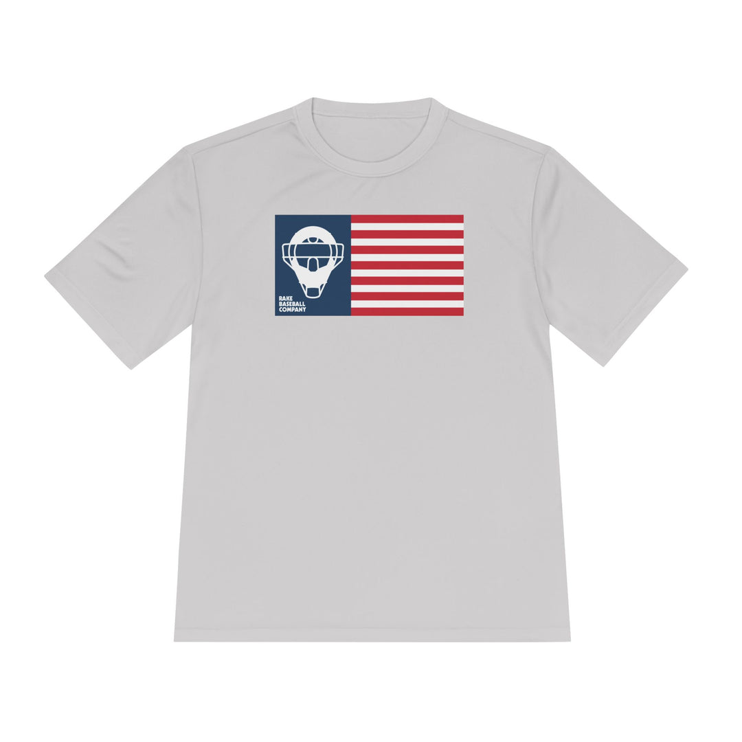 Catcher's Mask Flag Dry Fit Tee - Rake Baseball Company - RAKE BASEBALL | BASEBALL T-SHIRT | BASEBALL CLOTHING | GOOD VIBES ONLY