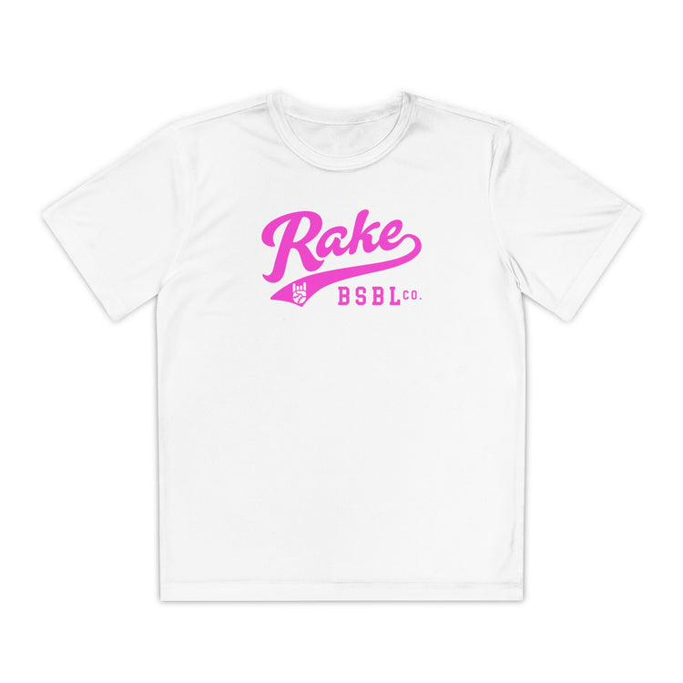 Kids Rake Pink Script Dry Fit Tee - Rake Baseball Company - RAKE BASEBALL | BASEBALL T-SHIRT | BASEBALL CLOTHING | GOOD VIBES ONLY