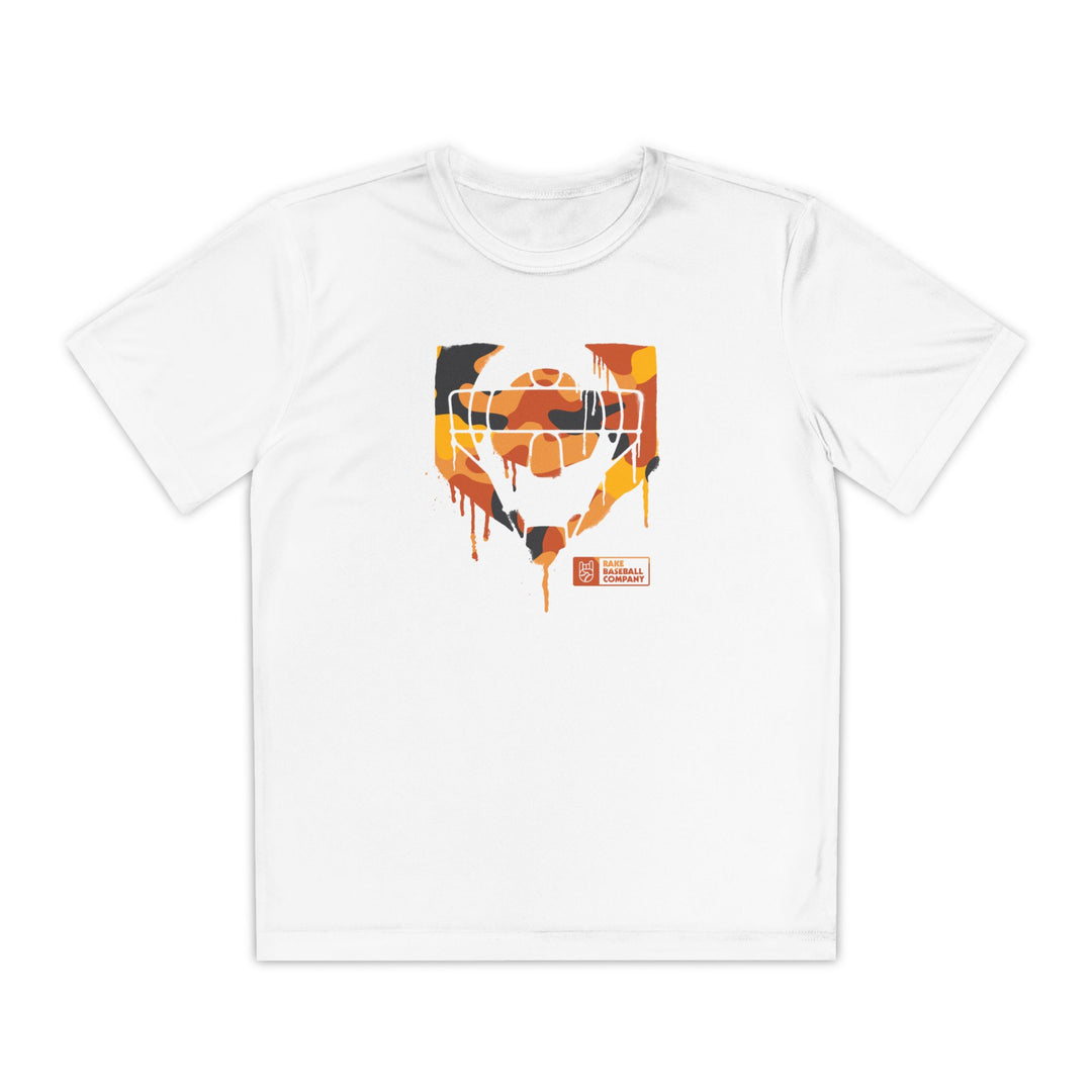 Kids Catcher's Drip Orange Camo Dry Fit Tee - Rake Baseball Company - RAKE BASEBALL | BASEBALL T-SHIRT | BASEBALL CLOTHING | GOOD VIBES ONLY