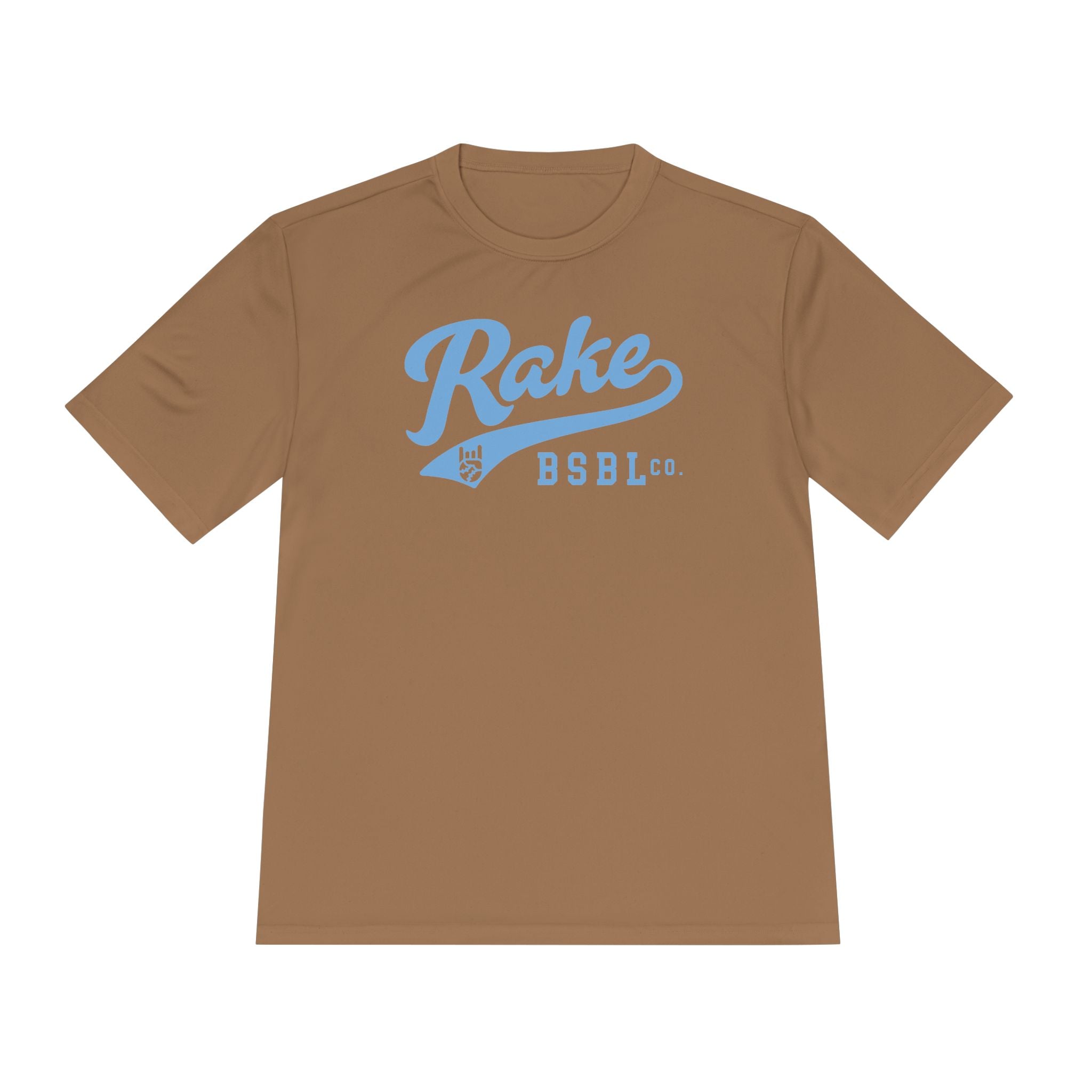 Rake Light Blue Script Dry Fit Tee - Rake Baseball Company - RAKE BASEBALL | BASEBALL T-SHIRT | BASEBALL CLOTHING | GOOD VIBES ONLY