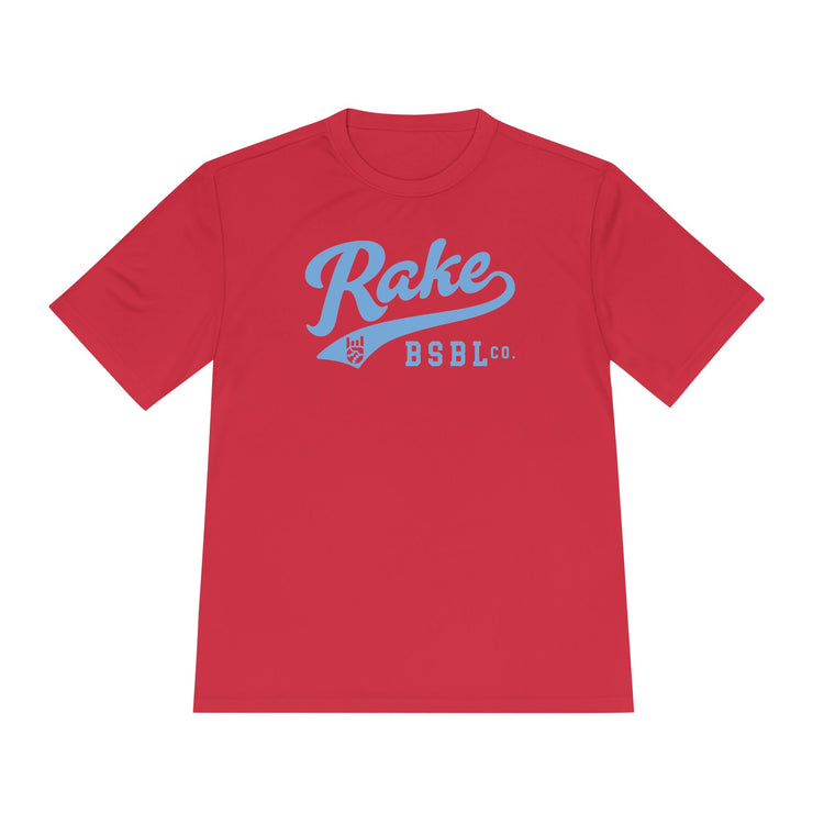 Rake Light Blue Script Dry Fit Tee - Rake Baseball Company - RAKE BASEBALL | BASEBALL T-SHIRT | BASEBALL CLOTHING | GOOD VIBES ONLY