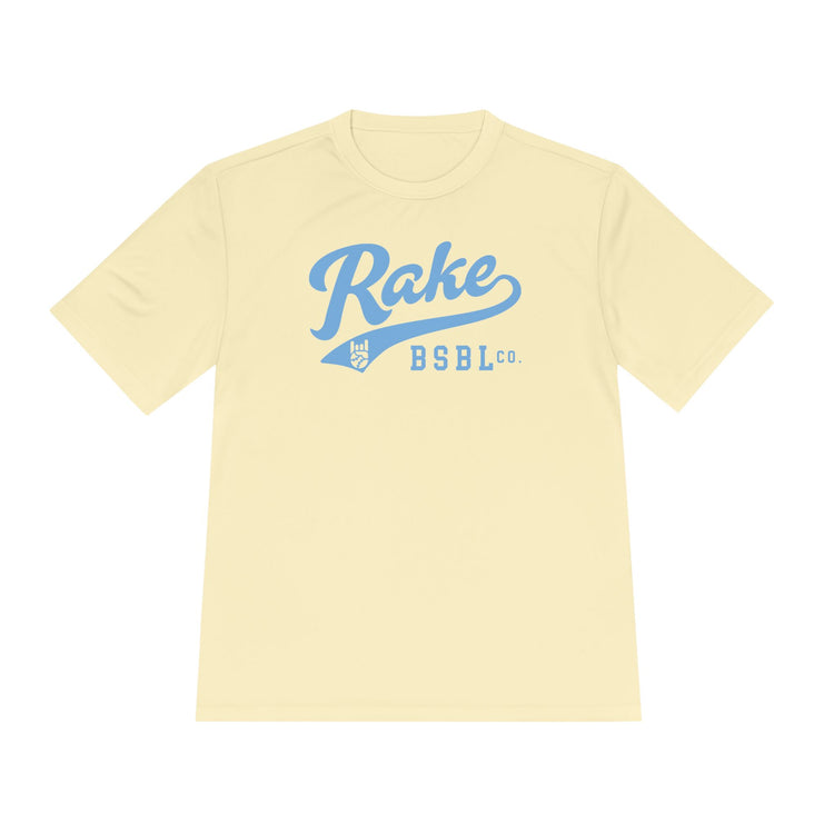 Rake Light Blue Script Dry Fit Tee - Rake Baseball Company - RAKE BASEBALL | BASEBALL T-SHIRT | BASEBALL CLOTHING | GOOD VIBES ONLY
