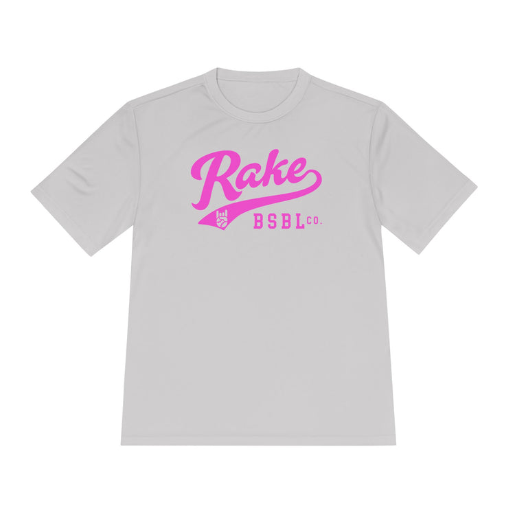Rake Pink Script Dry Fit Tee - Rake Baseball Company - RAKE BASEBALL | BASEBALL T-SHIRT | BASEBALL CLOTHING | GOOD VIBES ONLY