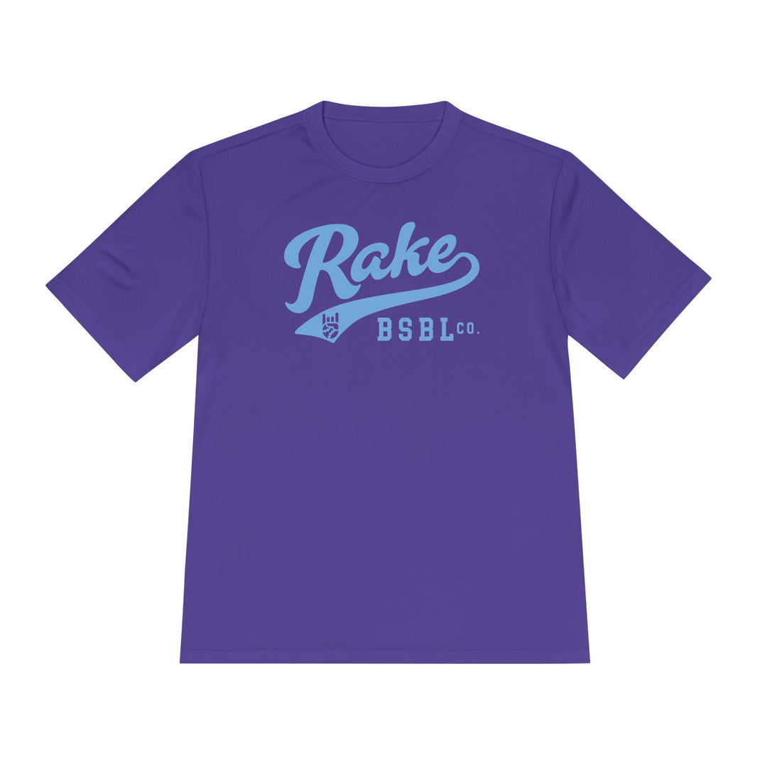 Rake Light Blue Script Dry Fit Tee - Rake Baseball Company - RAKE BASEBALL | BASEBALL T-SHIRT | BASEBALL CLOTHING | GOOD VIBES ONLY