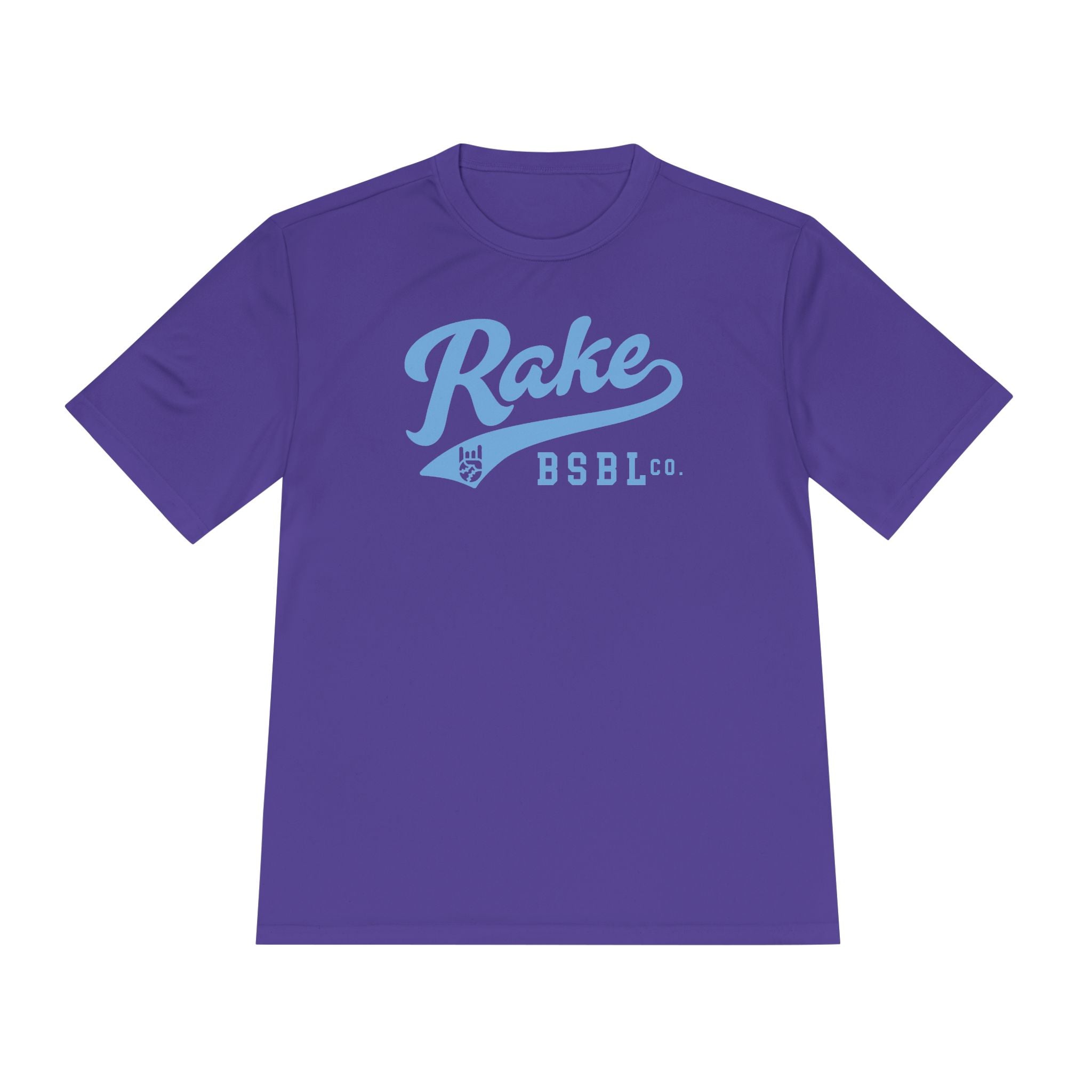 Rake Light Blue Script Dry Fit Tee - Rake Baseball Company - RAKE BASEBALL | BASEBALL T-SHIRT | BASEBALL CLOTHING | GOOD VIBES ONLY