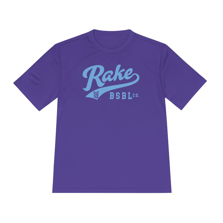 Rake Light Blue Script Dry Fit Tee - Rake Baseball Company - RAKE BASEBALL | BASEBALL T-SHIRT | BASEBALL CLOTHING | GOOD VIBES ONLY