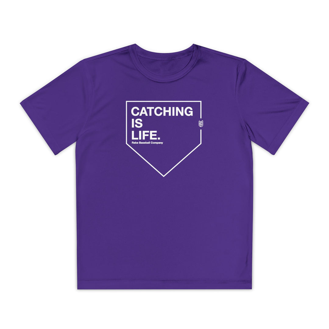 Kids Catching Is Life Dry Fit Tee - Rake Baseball Company - RAKE BASEBALL | BASEBALL T-SHIRT | BASEBALL CLOTHING | GOOD VIBES ONLY