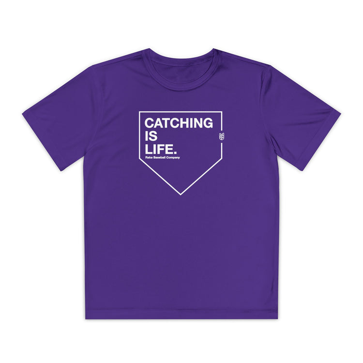 Kids Catching Is Life Dry Fit Tee - Rake Baseball Company - RAKE BASEBALL | BASEBALL T-SHIRT | BASEBALL CLOTHING | GOOD VIBES ONLY
